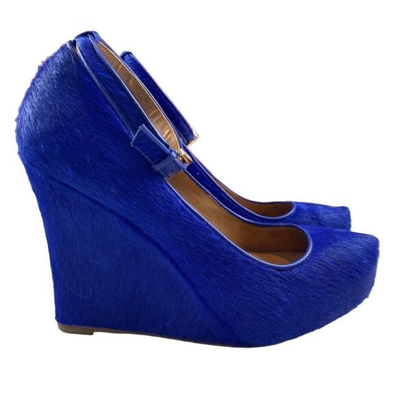 Ann Taylor Calf Hair Wedge Ankle Strap Shoe Cobalt Blue 6 - Picture 2 of 8